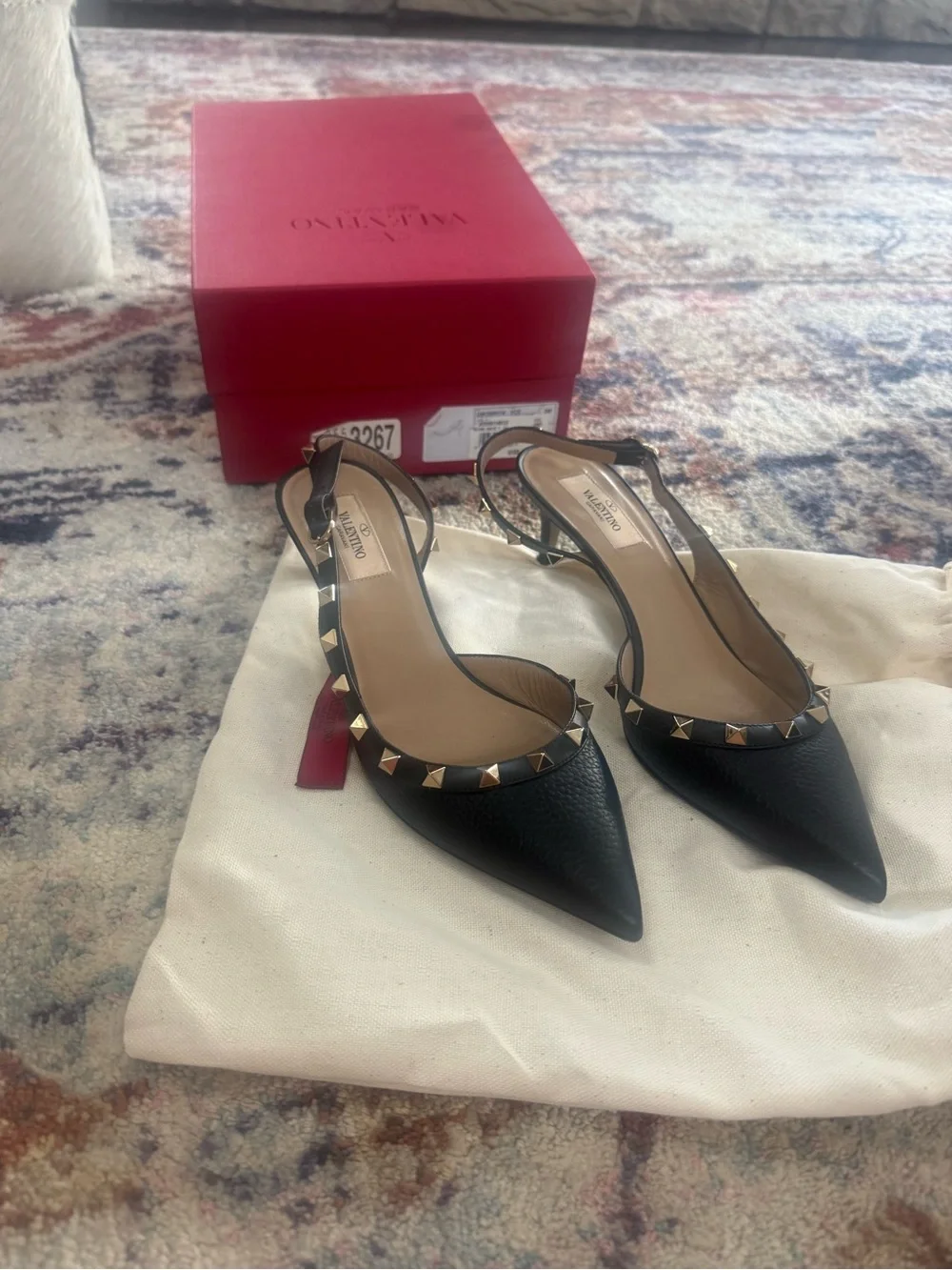 Valentino Black Leather Pointed Slingback Flats with Gold Rockstuds - Picture 1 of 5
